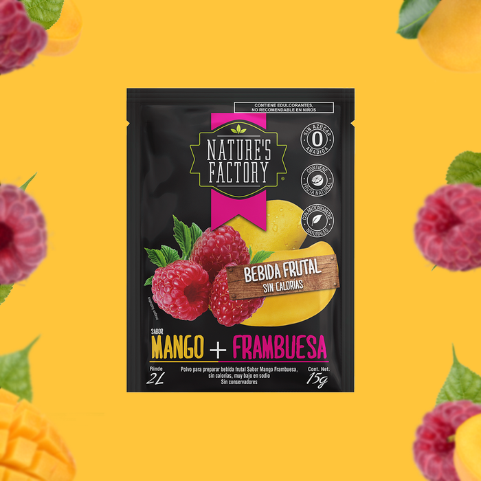 Nature’s Factory • Bebida Frutal en Polvo Sabor Mango + Frambuesa Sin Calorías / 10 pzas.
