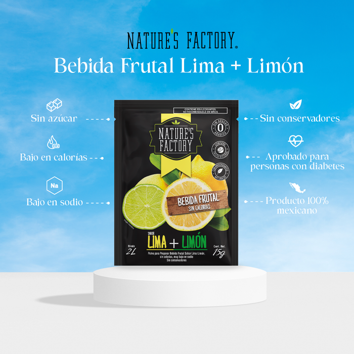 Nature’s Factory • Bebida Frutal en Polvo Sabor Lima + Limón Sin Calorías / 10 pzas.
