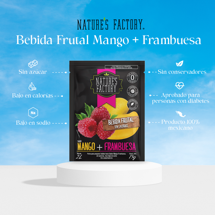 Nature’s Factory • Bebida Frutal en Polvo Sabor Mango + Frambuesa Sin Calorías / 10 pzas.