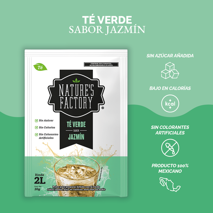 Nature’s Factory • Té Verde en Polvo Sabor Jazmín bajo en Calorías / 10 pzas.